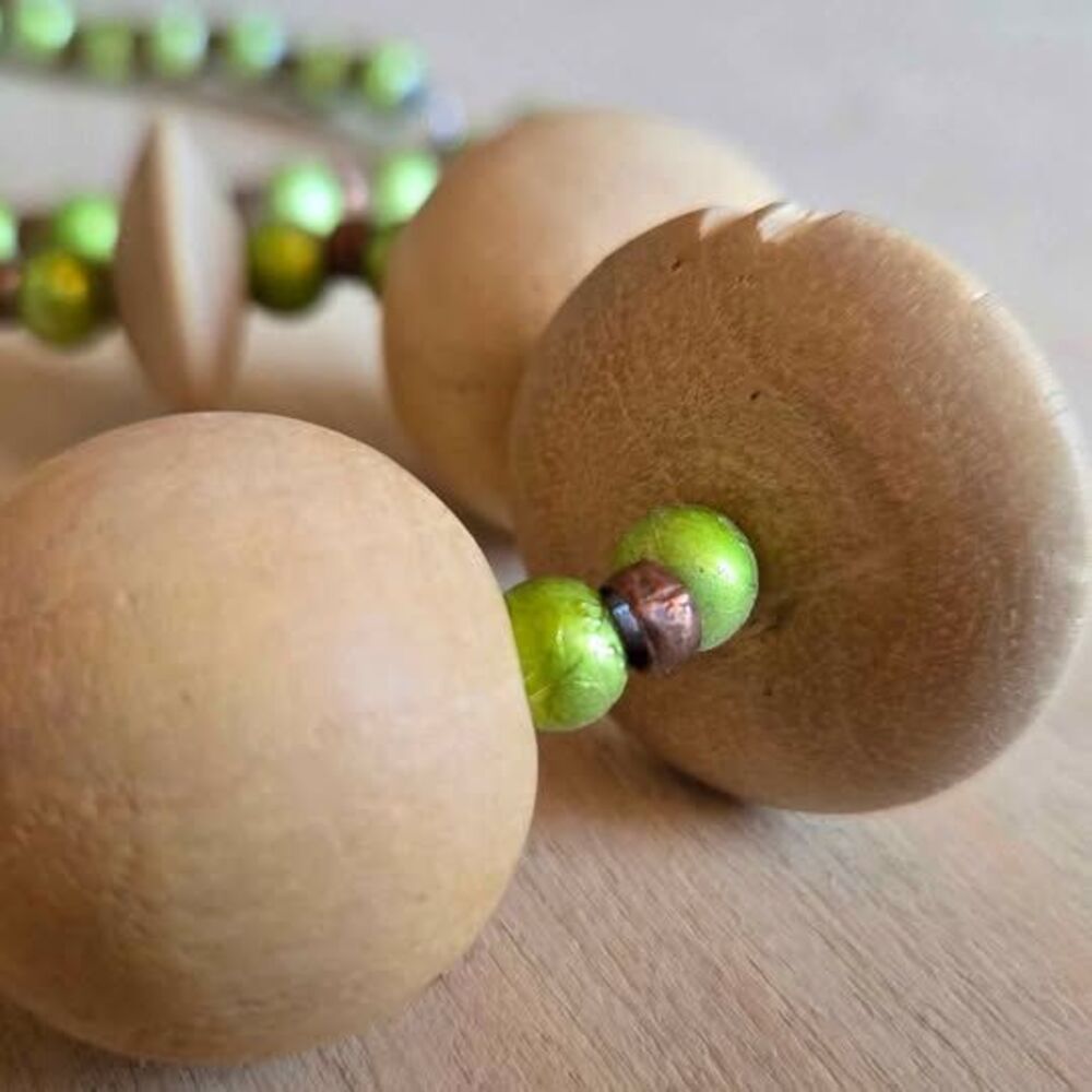 Handmade Wooden Bead Statement Necklace | Green & Natural Wood Boho Necklace - Picture 4 of 5